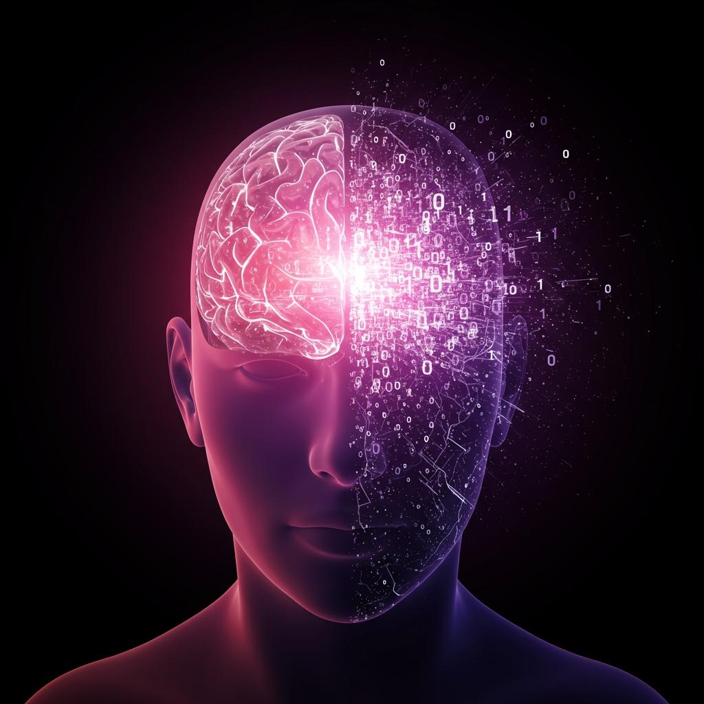 An artistic impression of the brain’s electrical signals being uploaded to a computer, illustrating the idea of brain-computer interfaces and mind uploading.