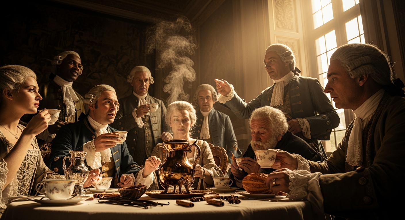 European aristocrats enjoying chocolate, a luxury that transformed social gatherings and culture.