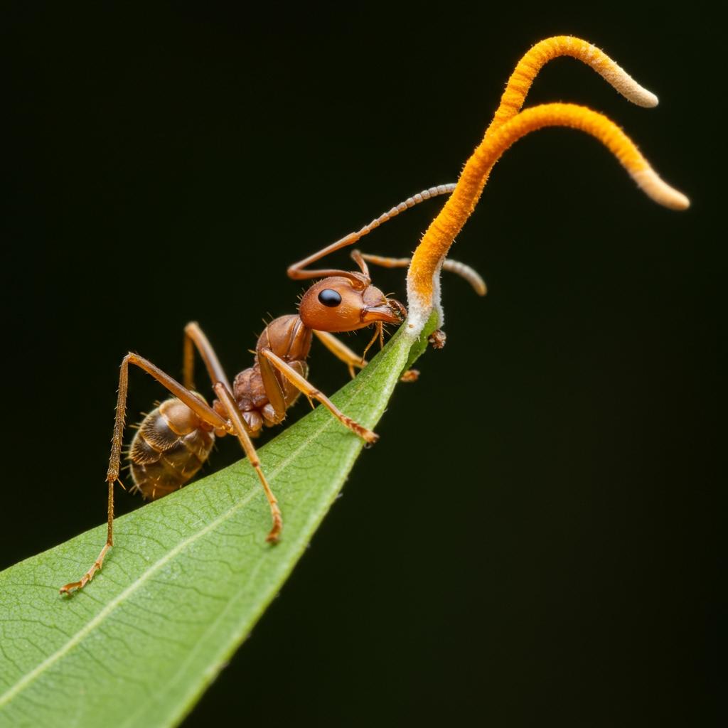 An ant infected by the 'zombie' fungus Cordyceps, which hijacks its brain to spread fungal spores.