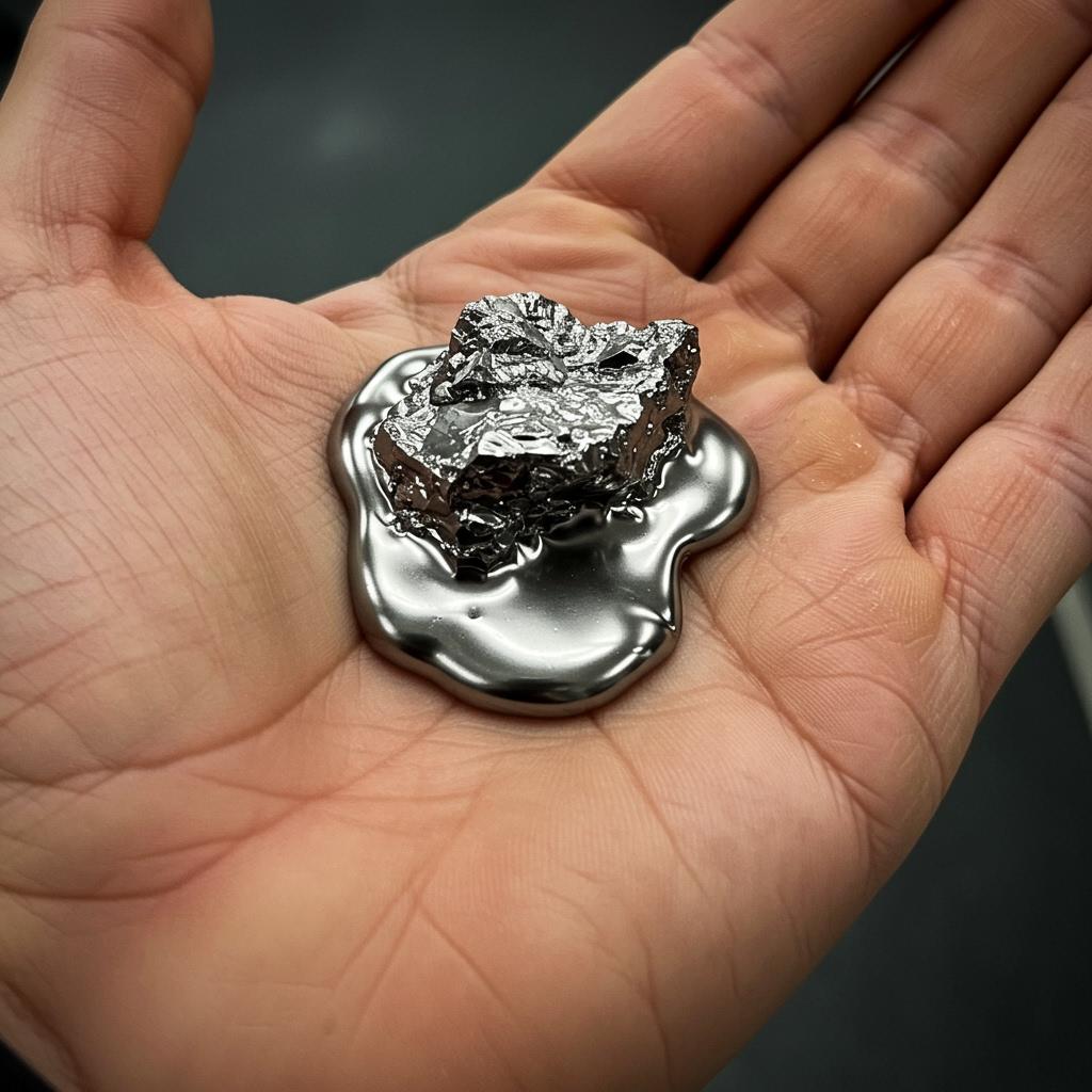 Gallium metal melting in the warmth of a human hand, demonstrating its unique low melting point.