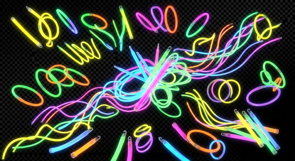 A glowing chemiluminescent glow stick cracked open with colorful liquid seeping out, set against a dark background