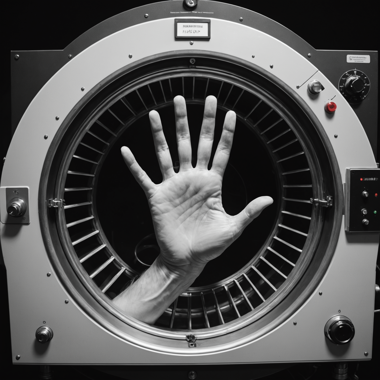 A human hand inside a vacuum chamber illustrating the effects of low pressure on the body.