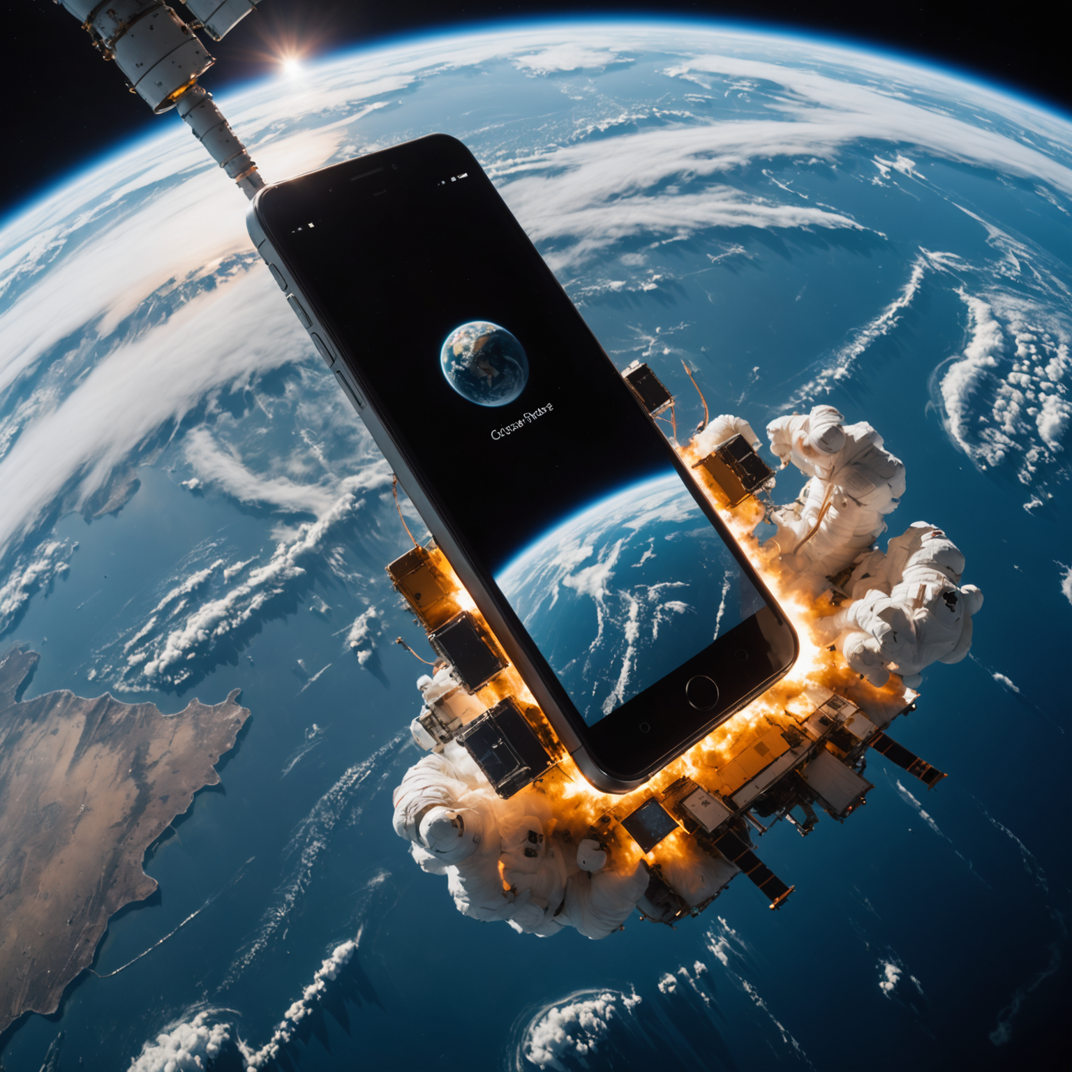 A smartphone plunging through Earth's atmosphere from space, encountering air resistance and heating up on the way down.